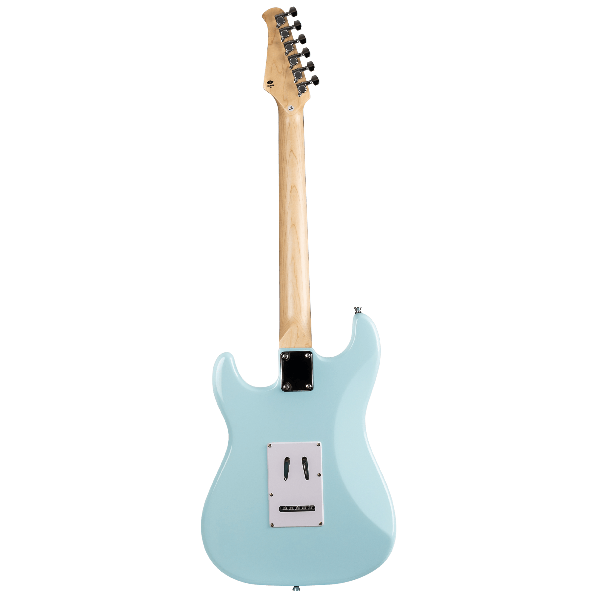 Back view of Voltera VS-400 SBL Sonic Blue electric guitar showing the contoured body and maple neck.