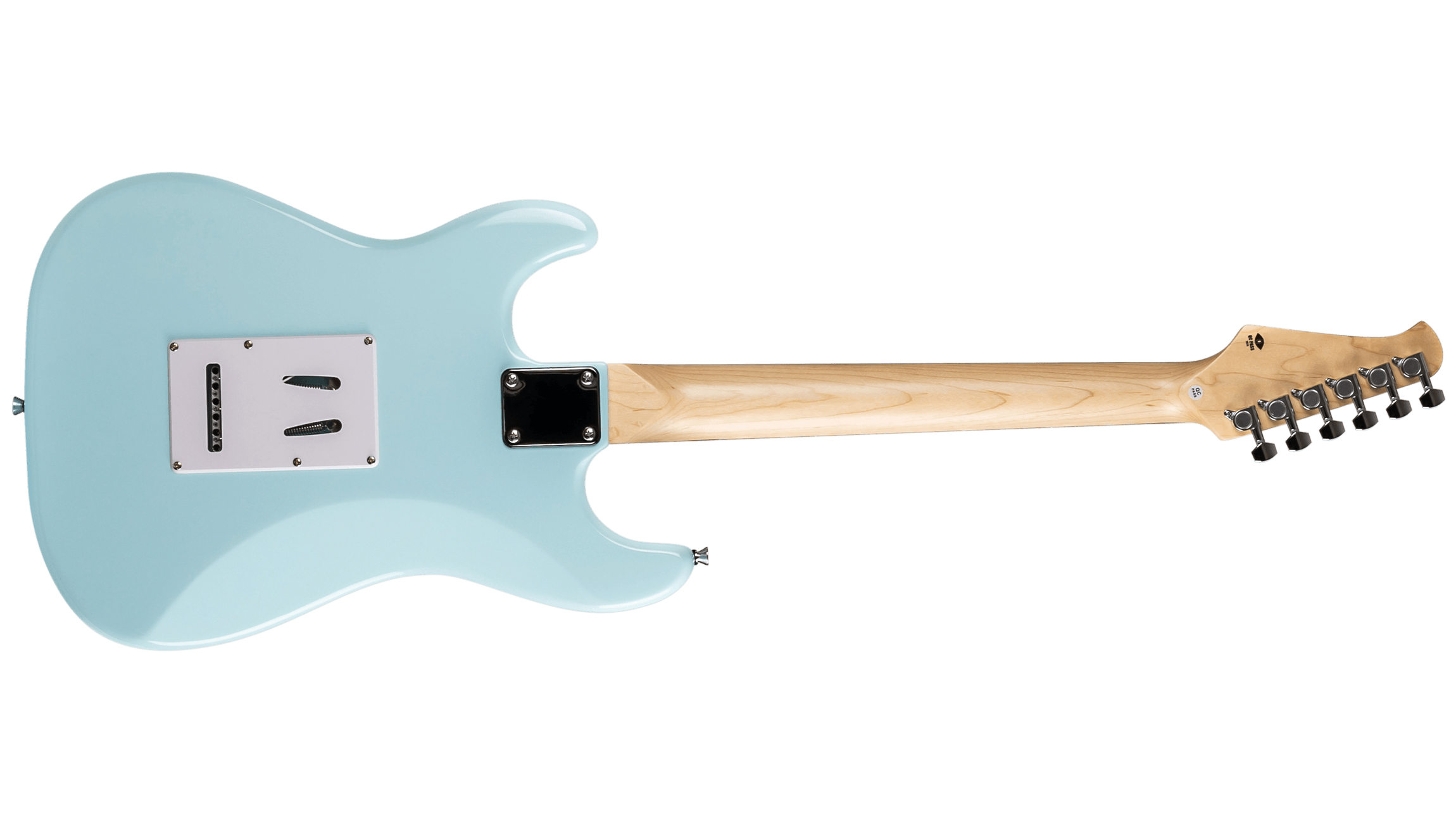 Rear view of the Voltera VS-400 SBL electric guitar showing the bolt-on neck plate and tremolo cavity cover.