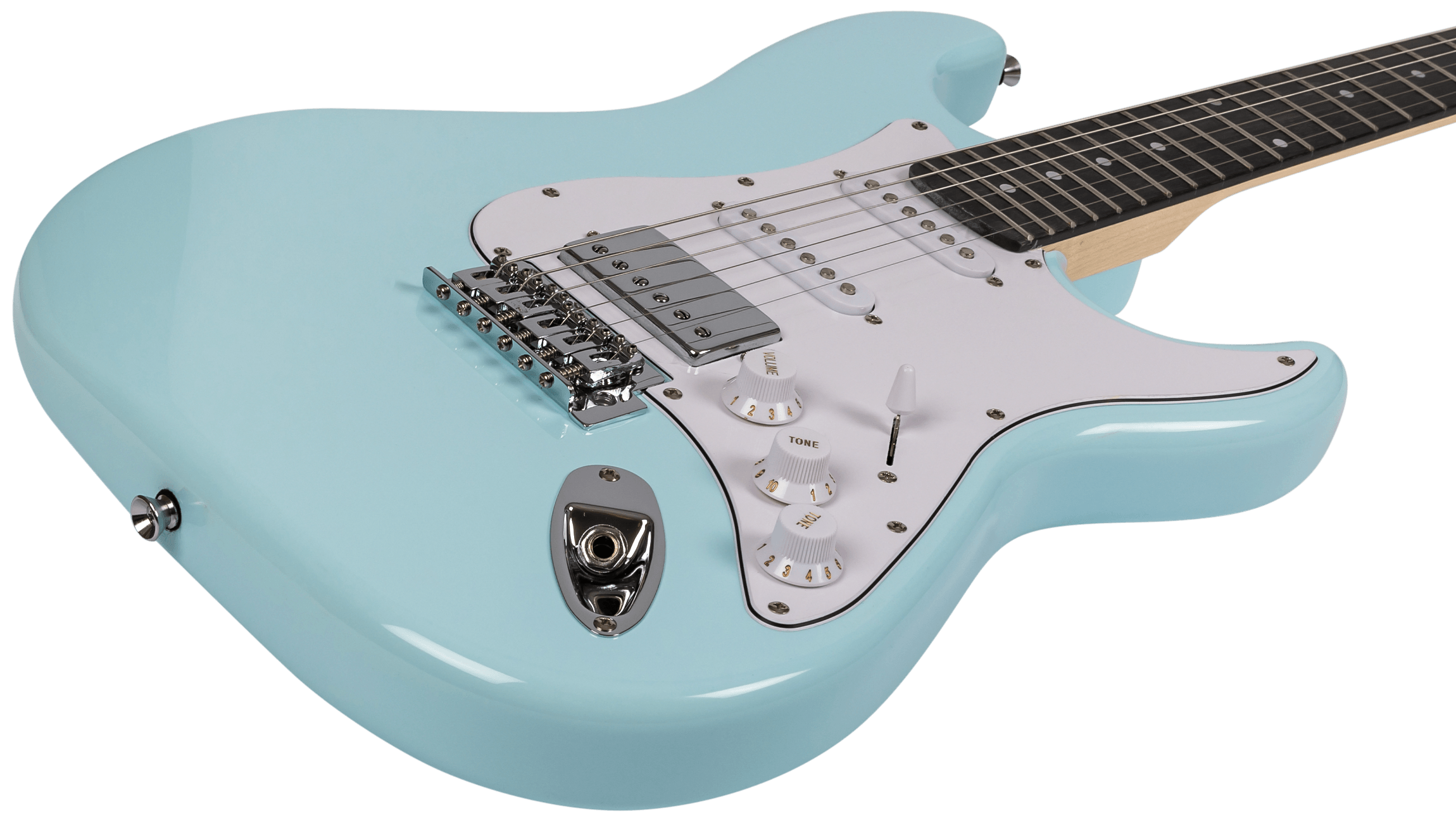 Close-up of the bridge humbucker and chrome hardware on the Sonic Blue Voltera VS-400 SBL.