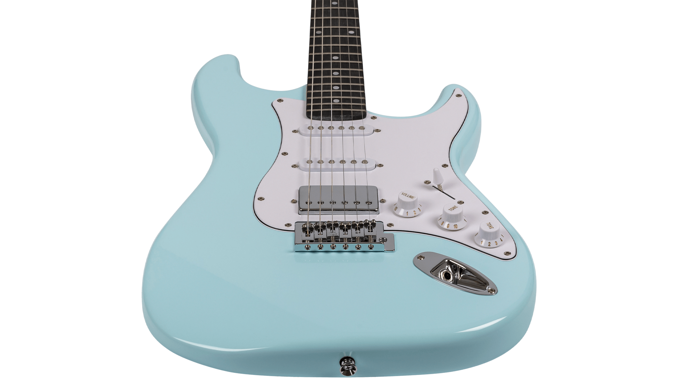 Bottom-up perspective of the Voltera VS-400 SBL Sonic Blue showing the gloss finish and fretboard.