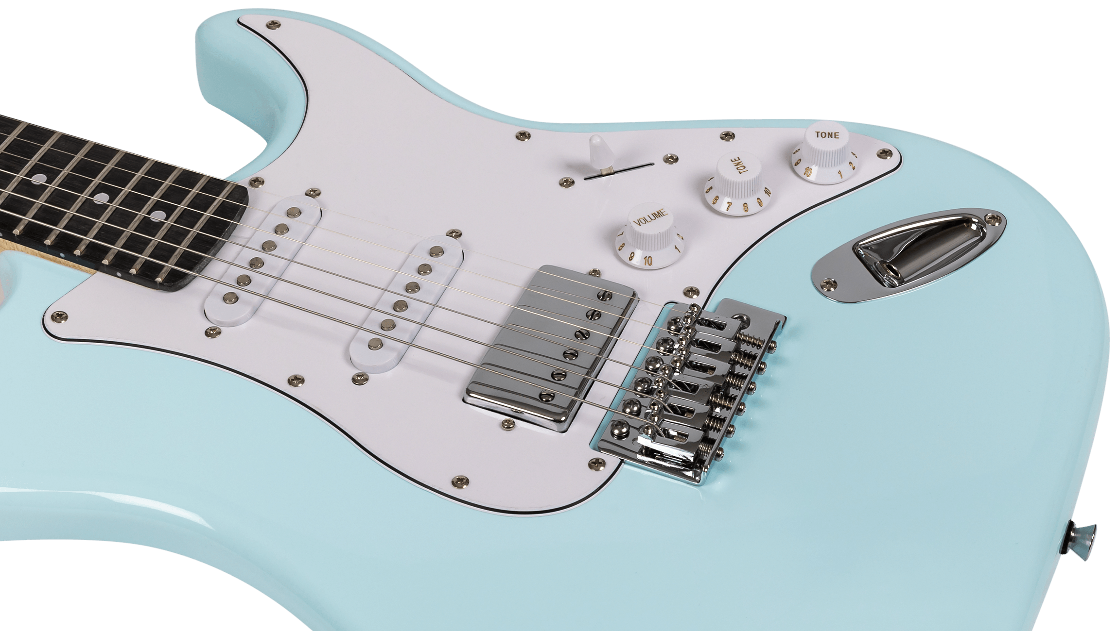 Close-up of the bridge humbucker and HSS pickups on a Sonic Blue Voltera VS-400 SBL.