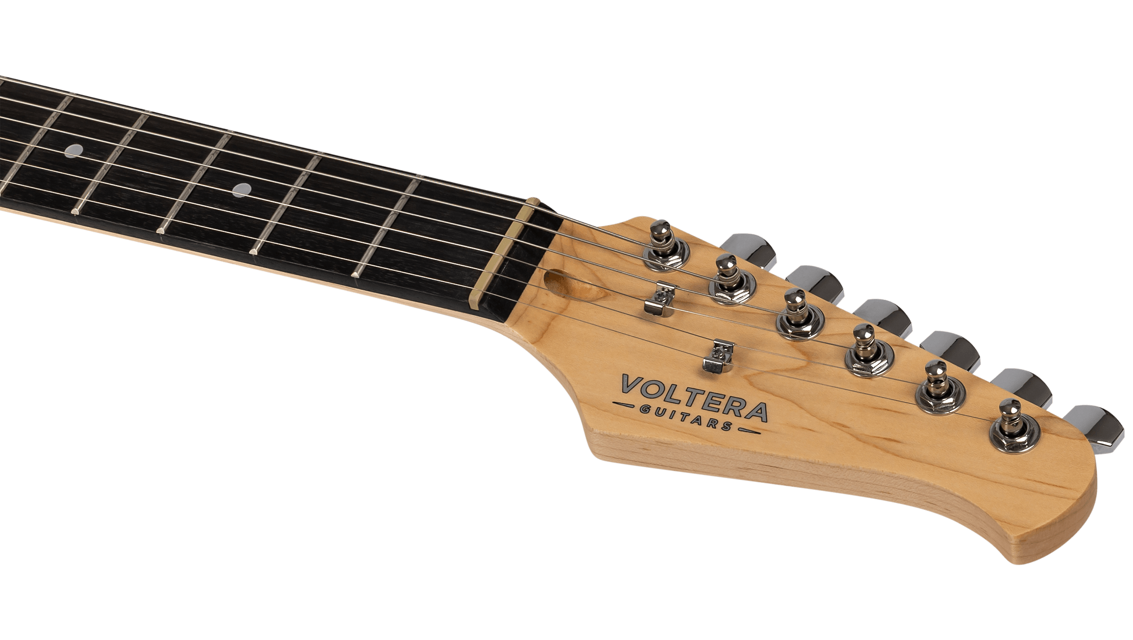 Close-up of the Voltera VS-400 SBL headstock featuring the "Voltera Guitars" logo and dark fretboard.