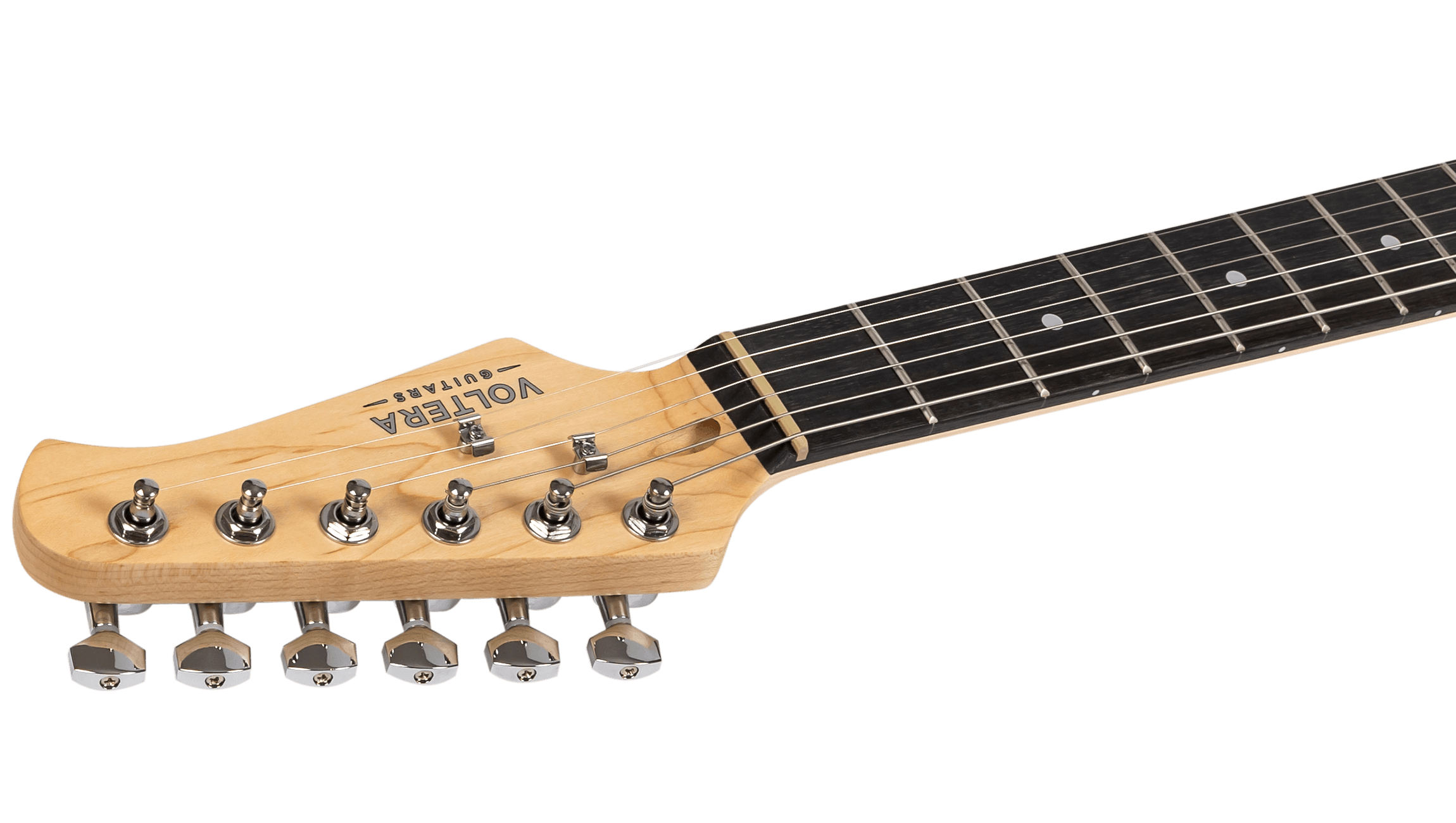 Side profile of the Voltera VS-400 SBL headstock showing chrome die-cast tuning machines and maple neck grain.
