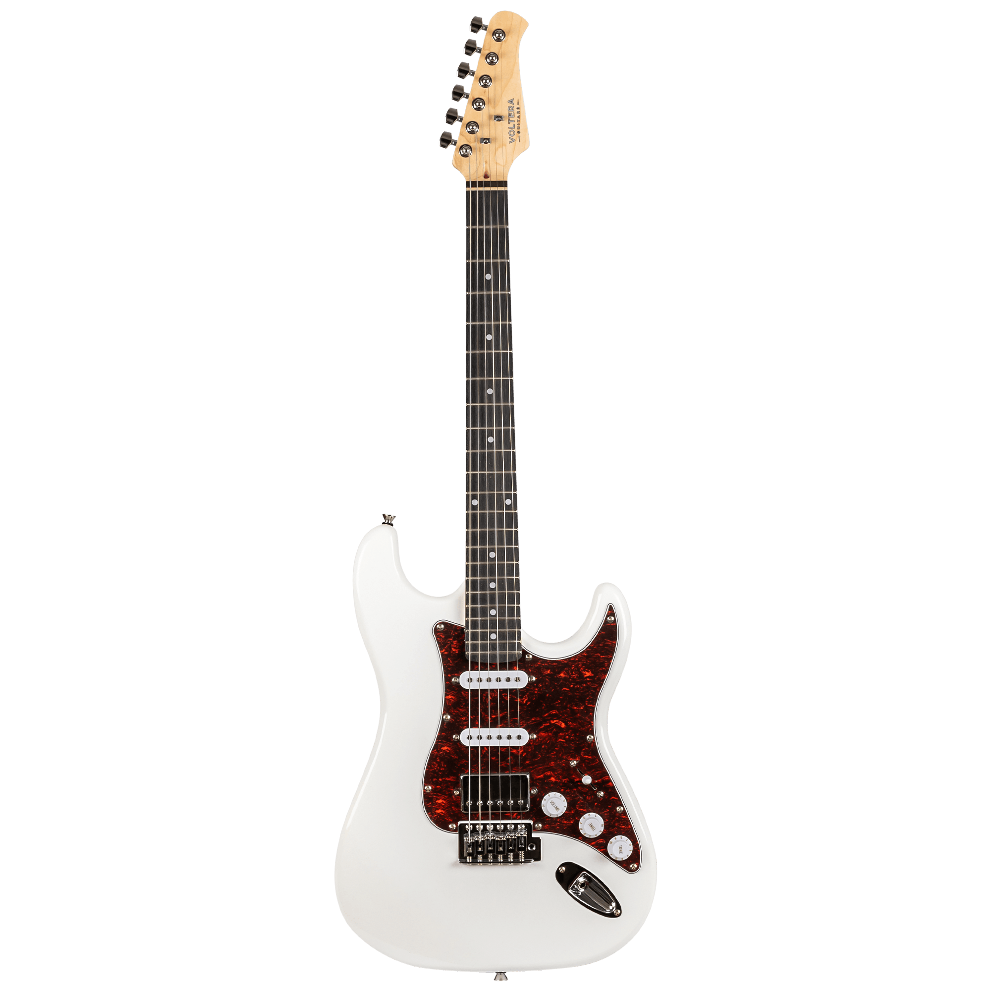 Voltera VS-400 WH White electric guitar front view, featuring an HSS pickup configuration and a white pickguard.