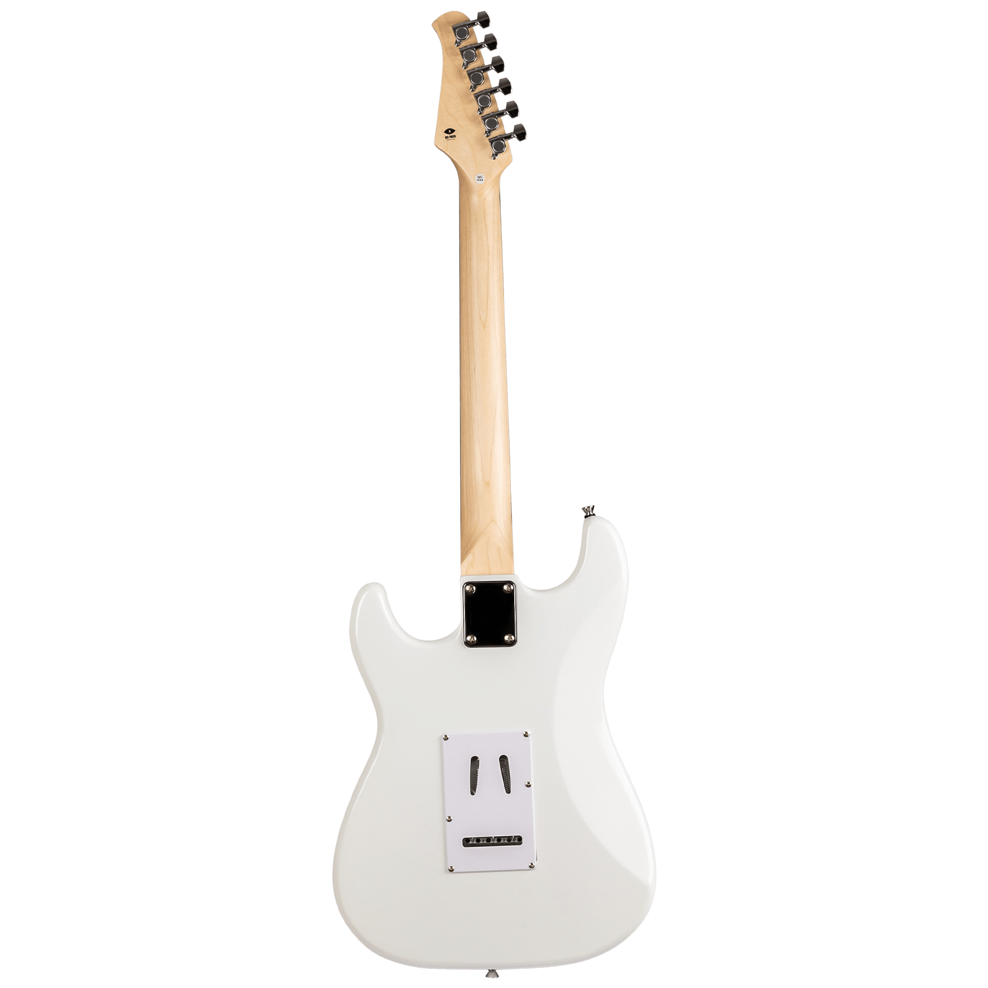 Back profile of Voltera VS-400 WH White electric guitar showing the smooth body and the back of the maple neck.