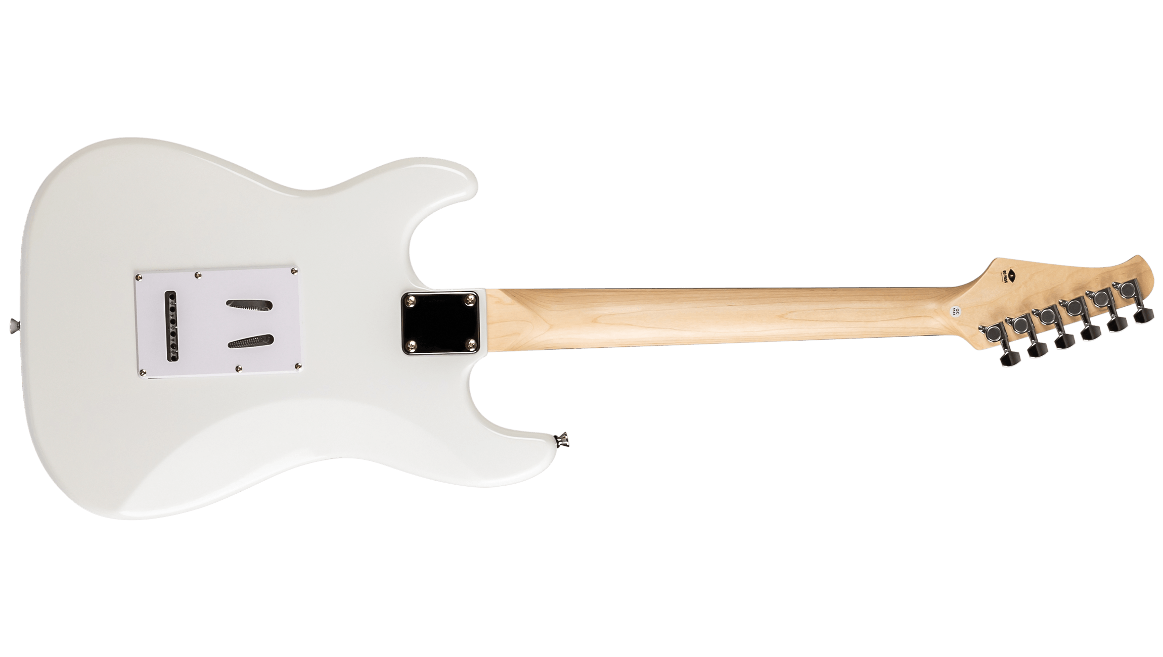 Rear view of the Voltera VS-400 WH electric guitar showing the bolt-on neck plate and tremolo cavity cover.