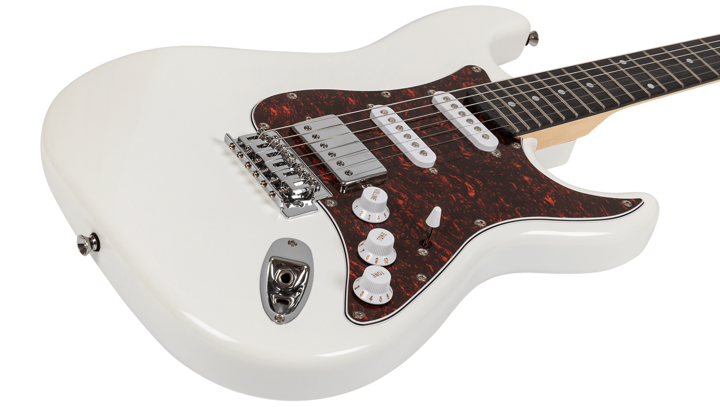 Close-up of the bridge humbucker and tortoiseshell pickguard on the White Voltera VS-400 WH.