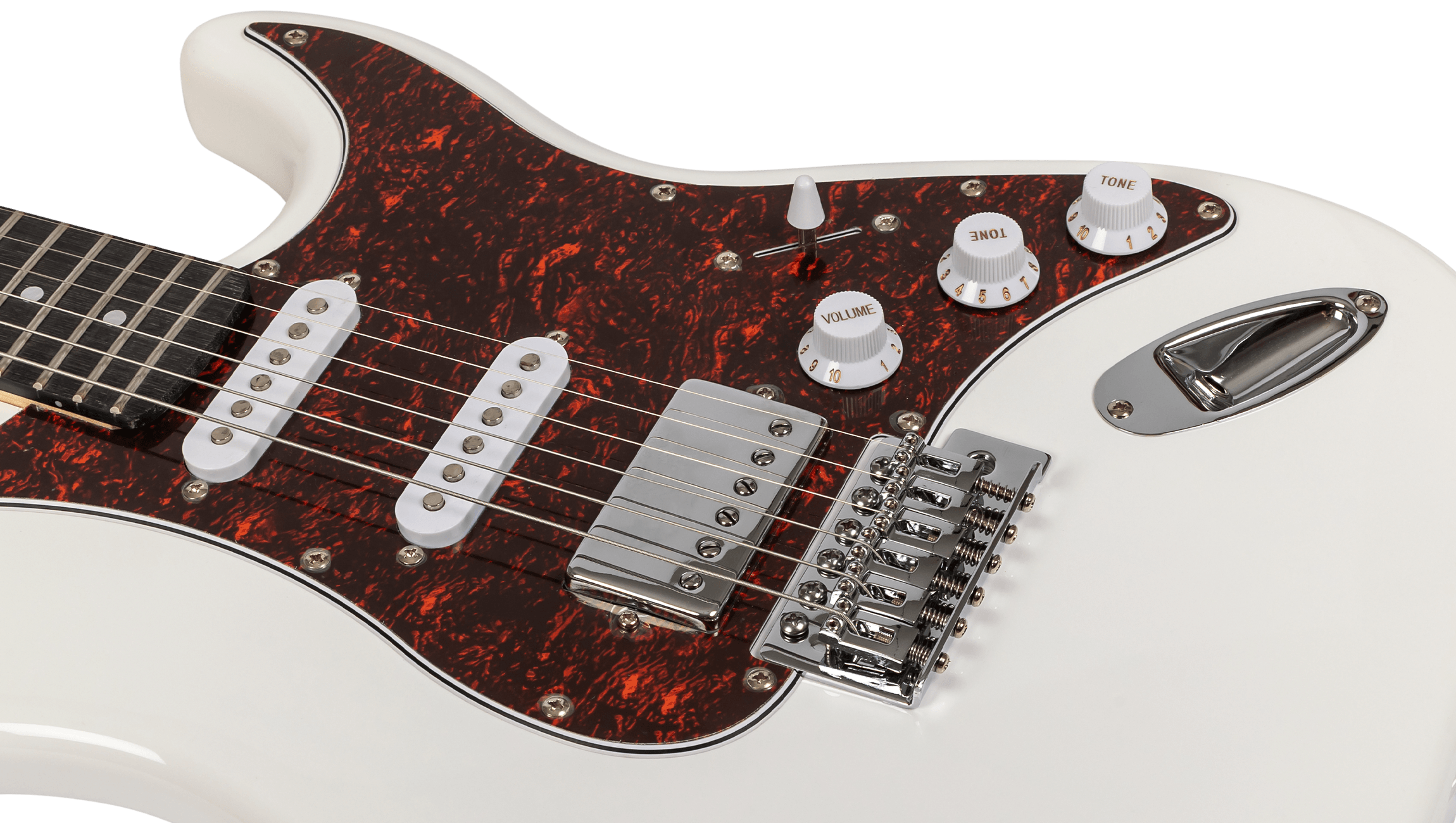 Close-up of the bridge humbucker and tortoiseshell pickguard on a White Voltera VS-400 WH.