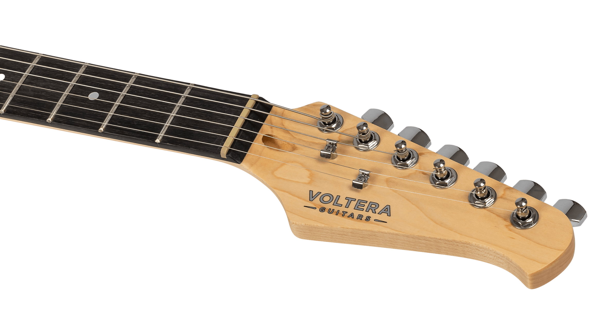 Close-up of the Voltera VS-400 WH headstock featuring the "Voltera Guitars" logo and dark fretboard.
