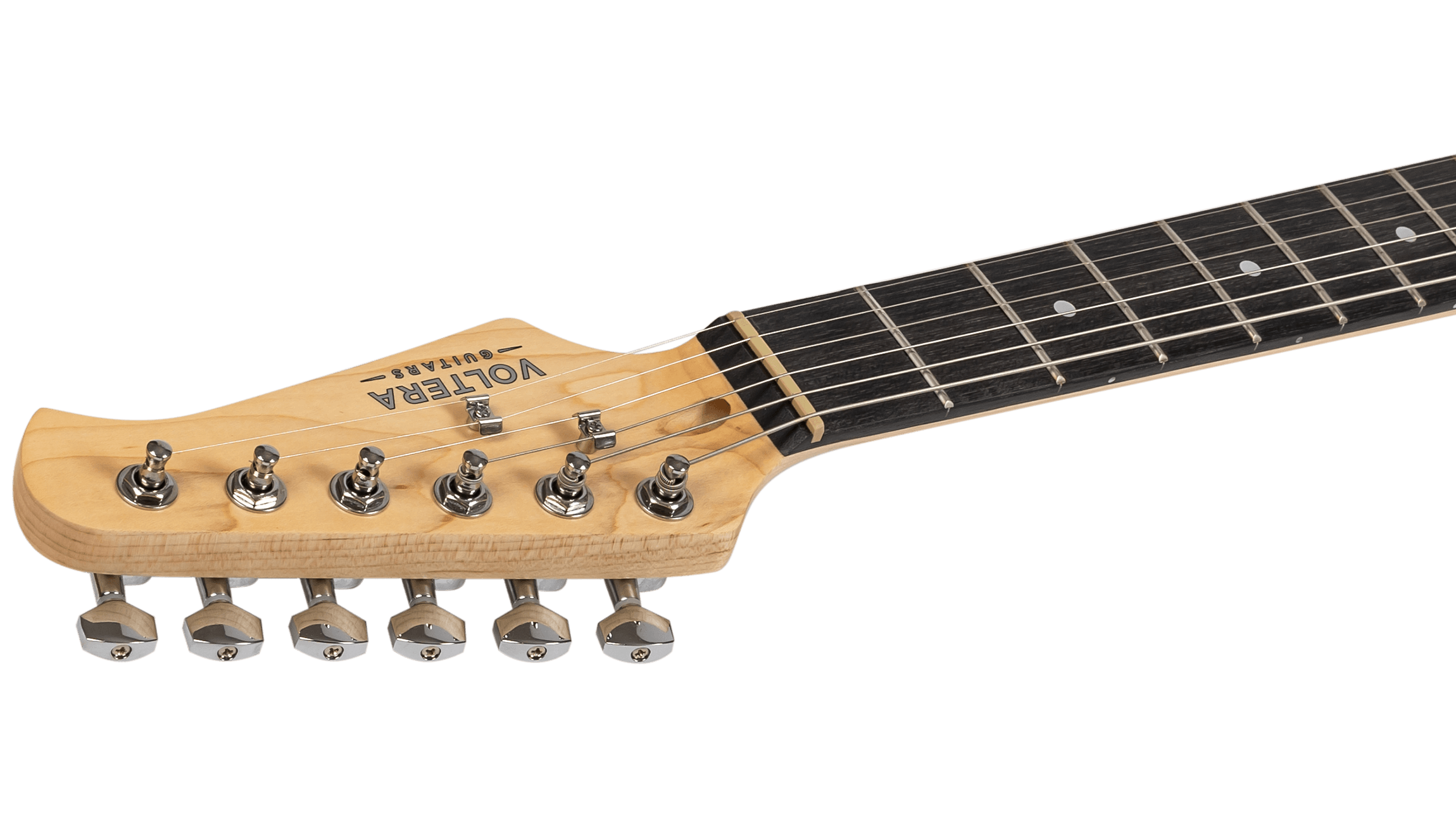 Side profile of the Voltera VS-400 WH headstock showing chrome die-cast tuning machines and maple neck grain.