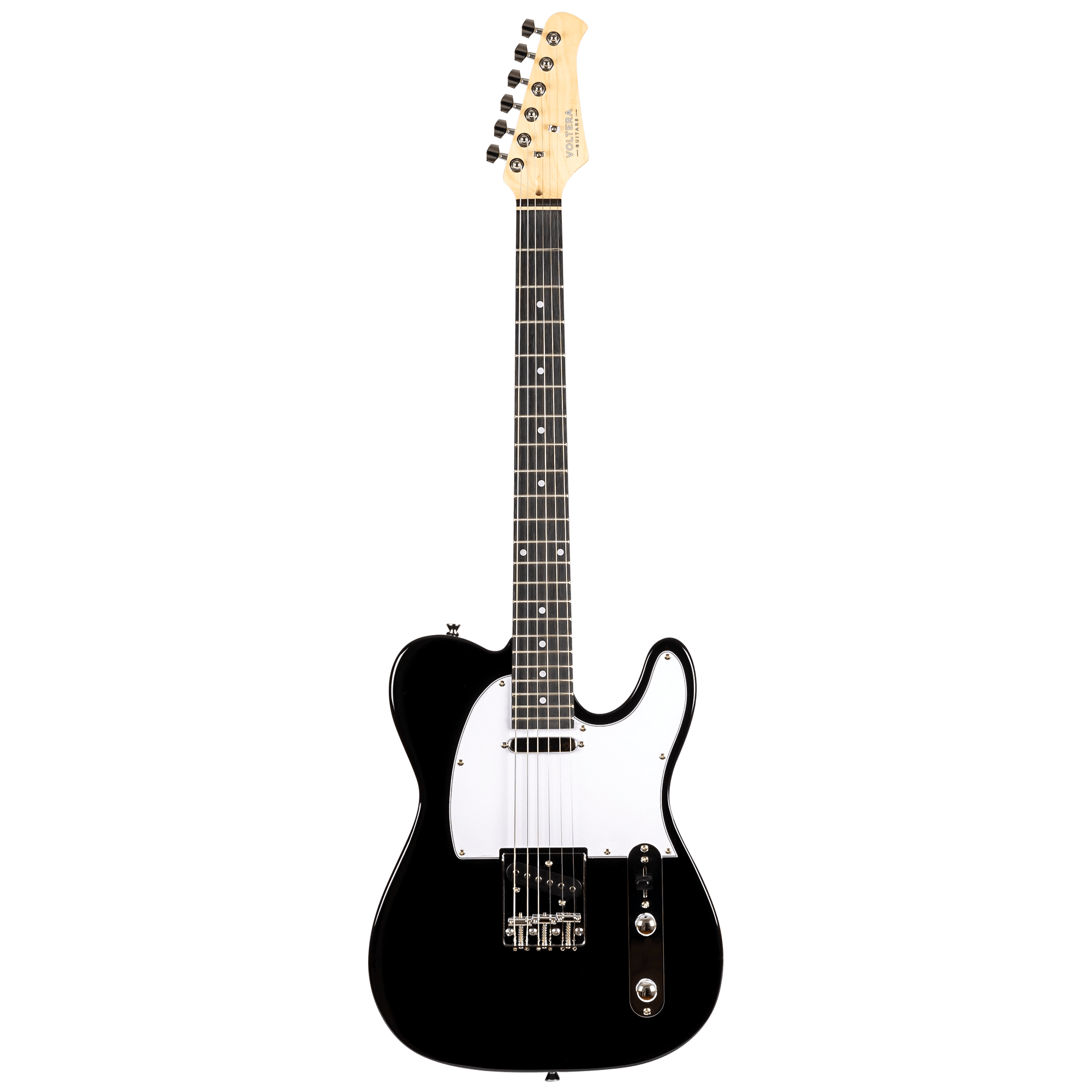 Voltera VT-300 BK Black electric guitar front view with T-style body and dual single-coil pickups.