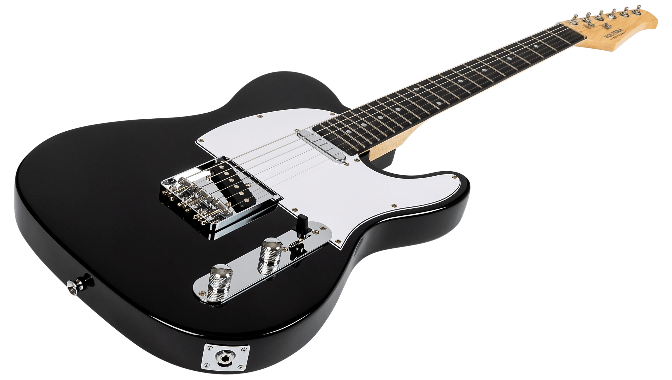 Angled perspective of the Voltera VT-300 BK showing the chrome control plate, 3-way switch, and knurled knobs.