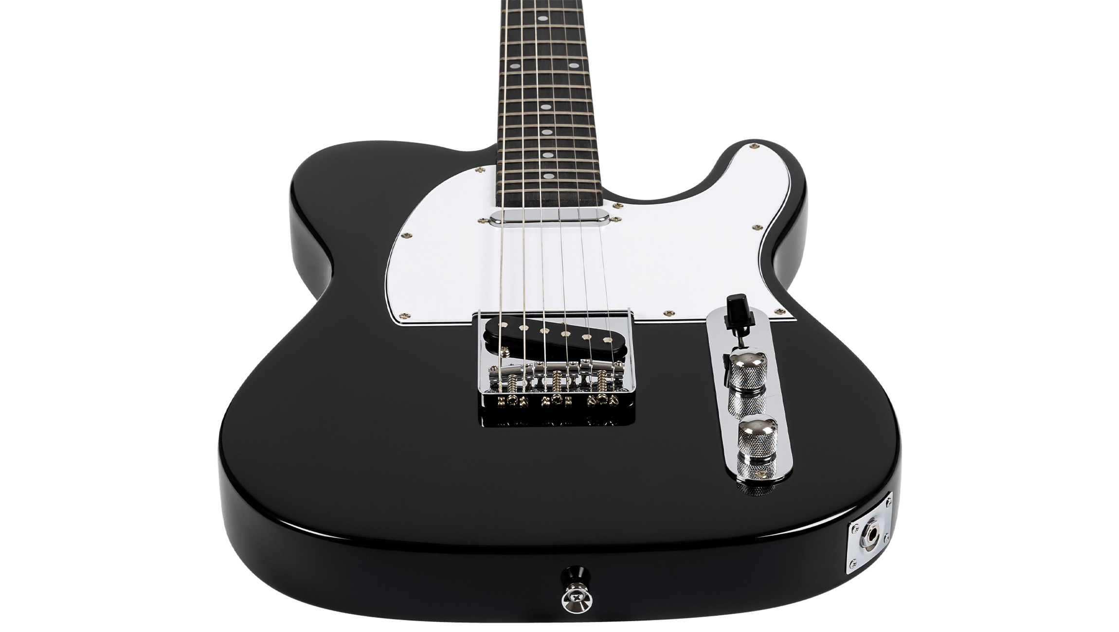 Bottom-up perspective of the Voltera VT-300 BK showing the sleek T-style body and dark fretboard.