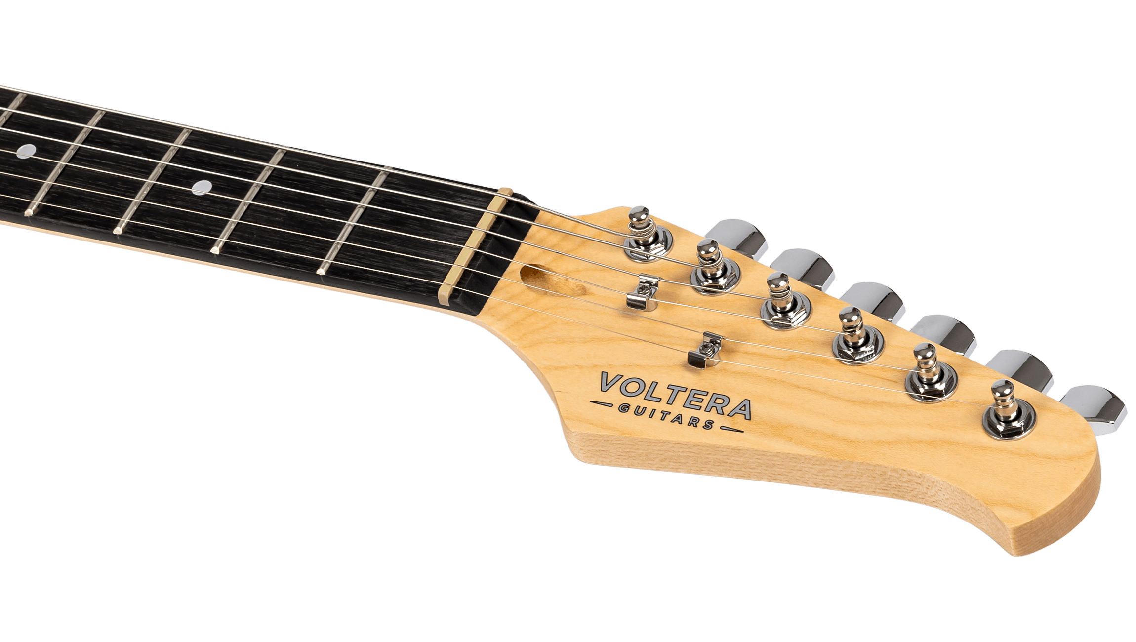 Close-up of the Voltera VT-300 BK headstock with "Voltera Guitars" branding and dark fretboard.