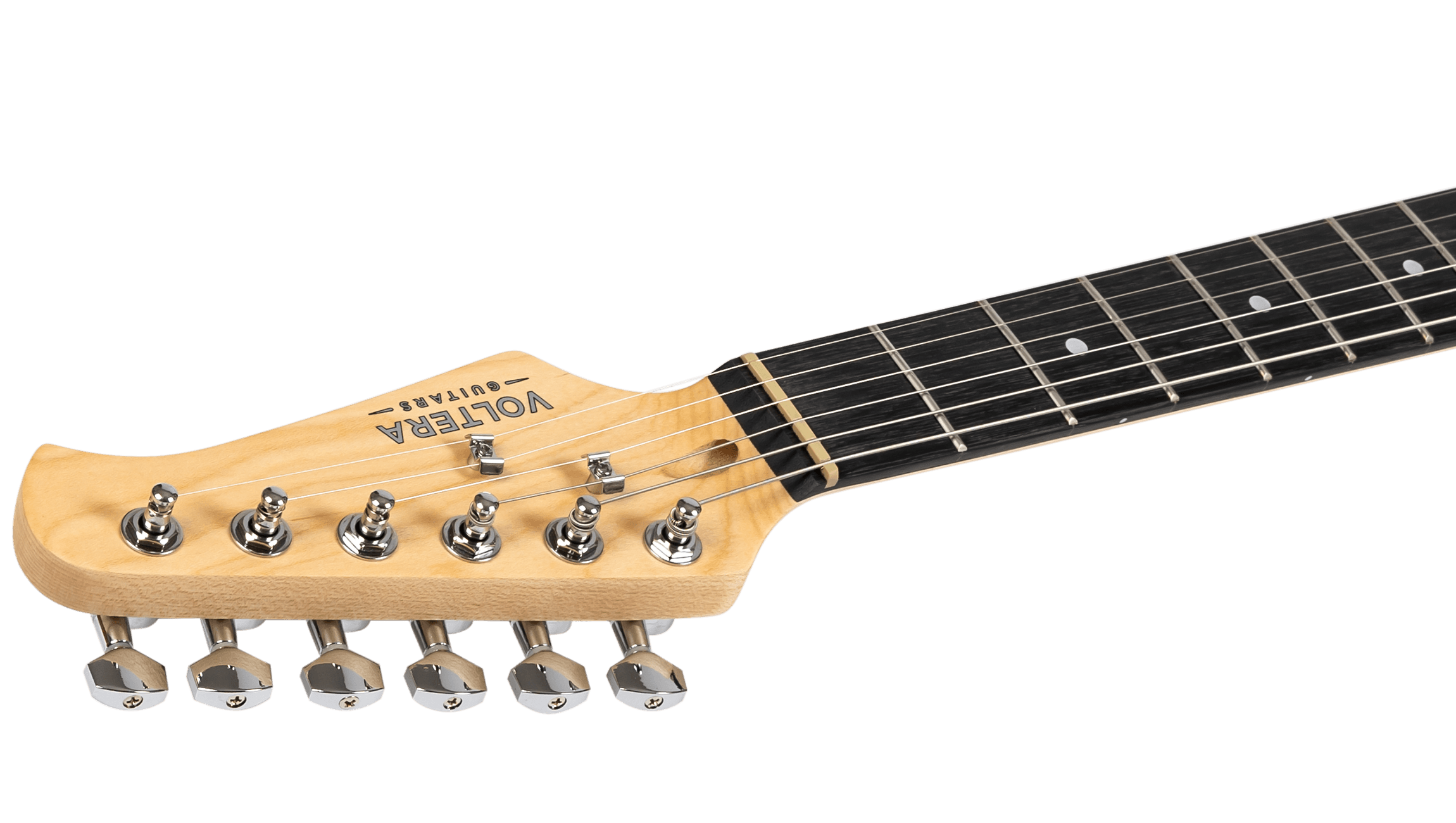Side profile of the Voltera VT-300 BK headstock showing chrome die-cast tuning machines and maple neck.
