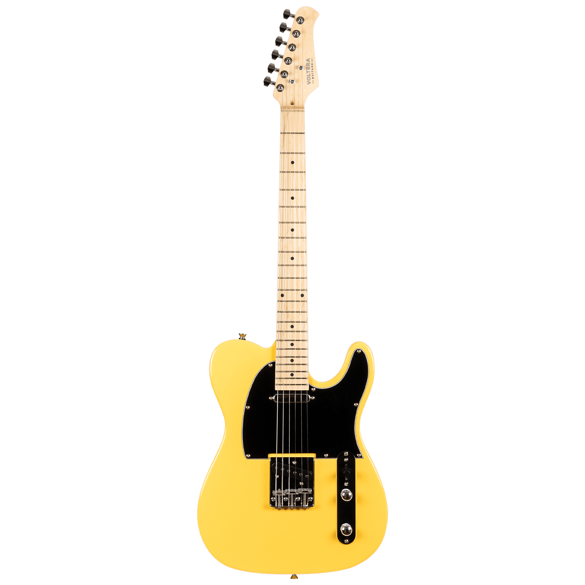 Voltera VT-300 BTS Butterscotch electric guitar front view, T-style body with black pickguard and single-coil pickups.