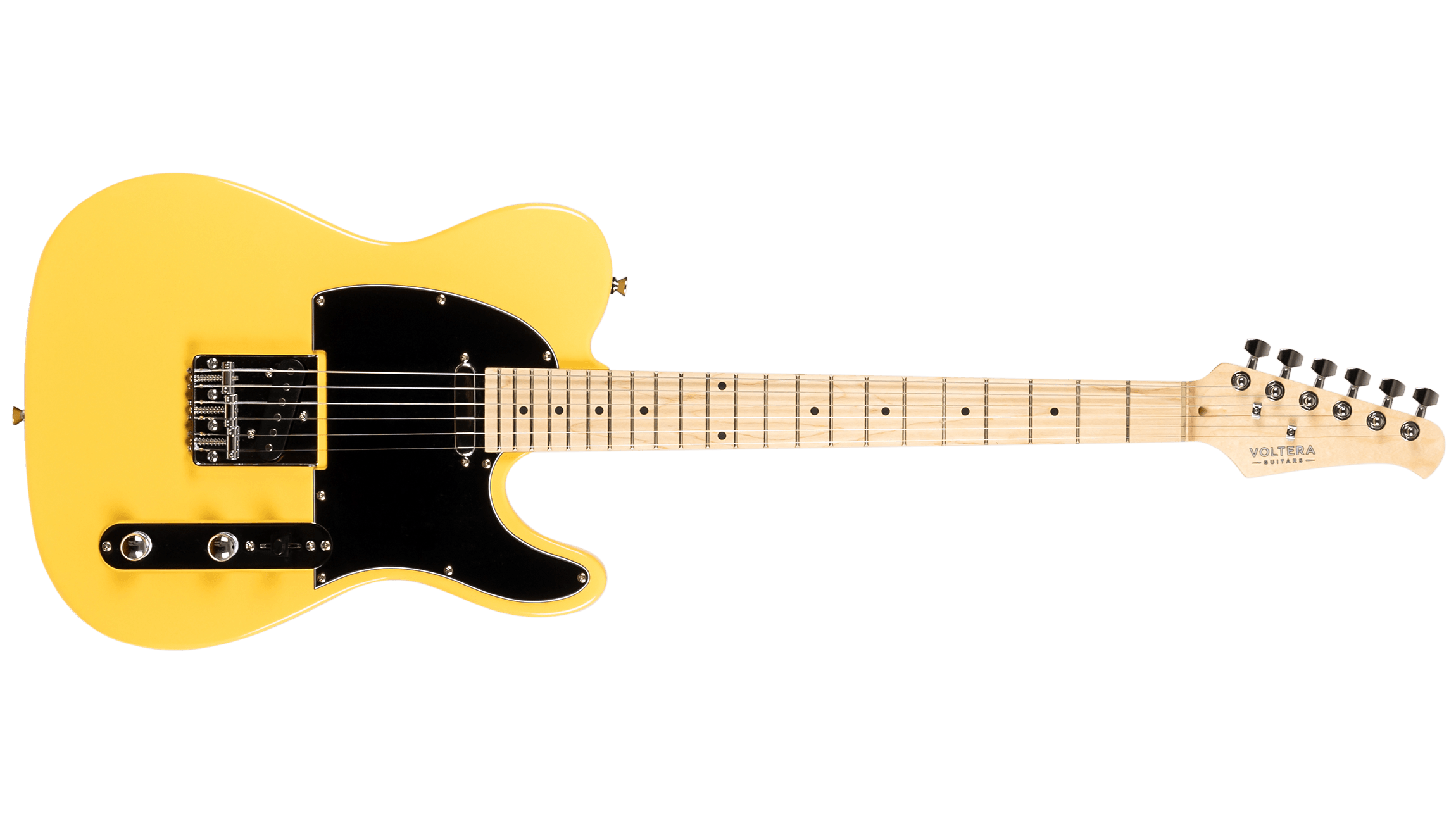 Full front view of the Voltera VT-300 BTS electric guitar in Butterscotch Blonde with a black pickguard and dual single-coil pickups.