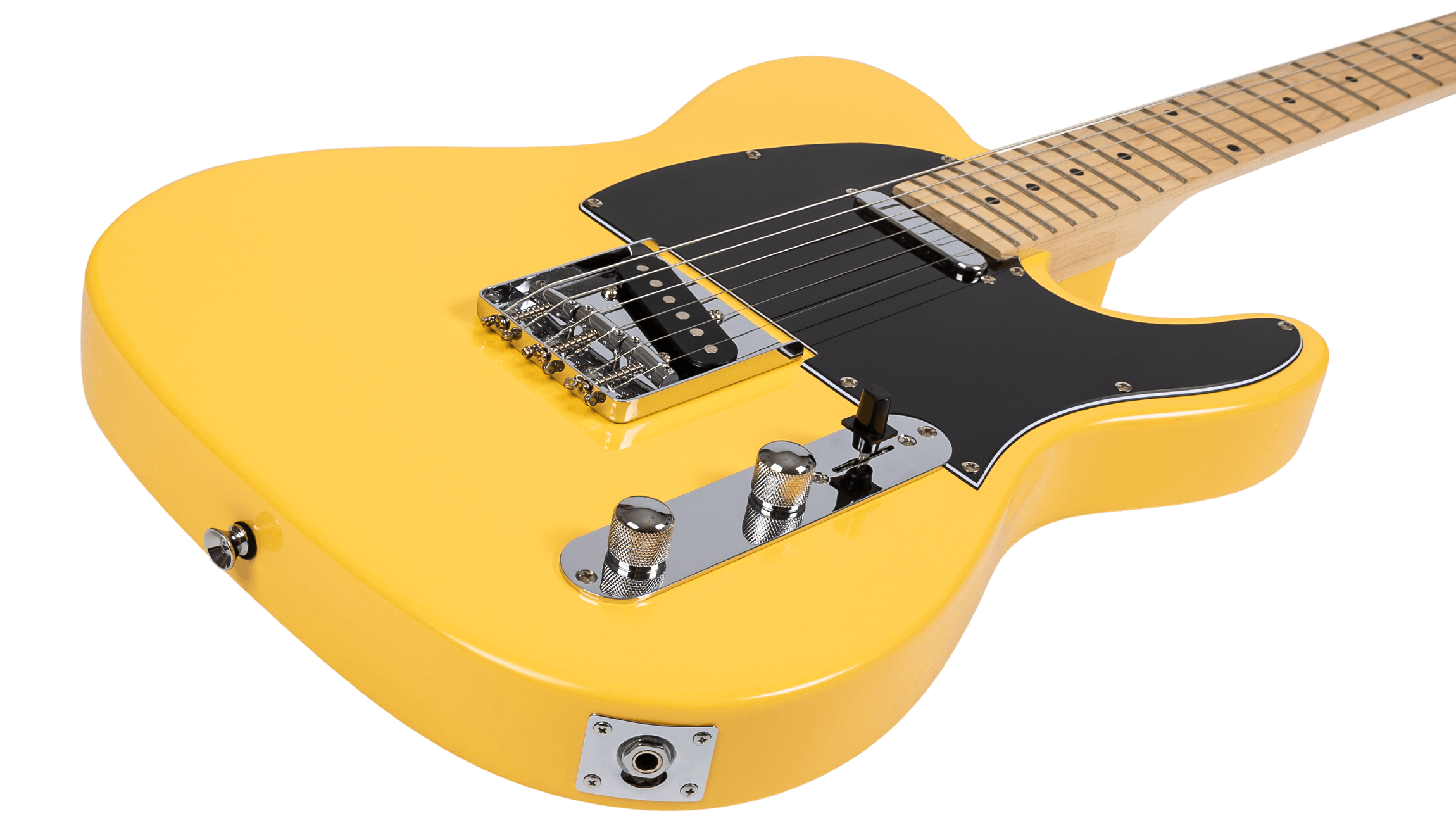 Close-up of the fixed T-style bridge and dual single-coil pickups on the Butterscotch Voltera VT-300 BTS.