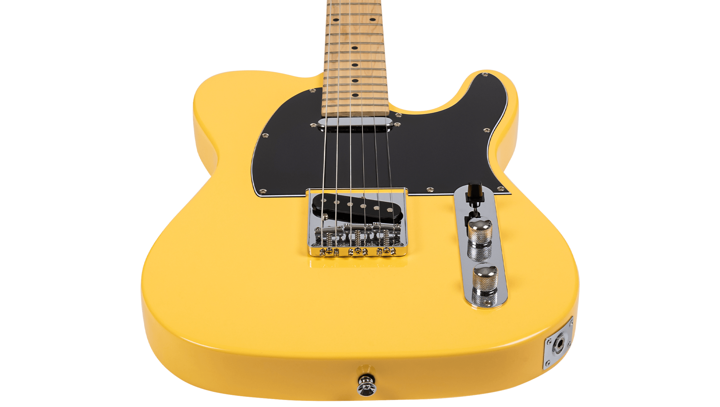 Bottom-up perspective of the Voltera VT-300 BTS showing the Butterscotch finish and maple fretboard.
