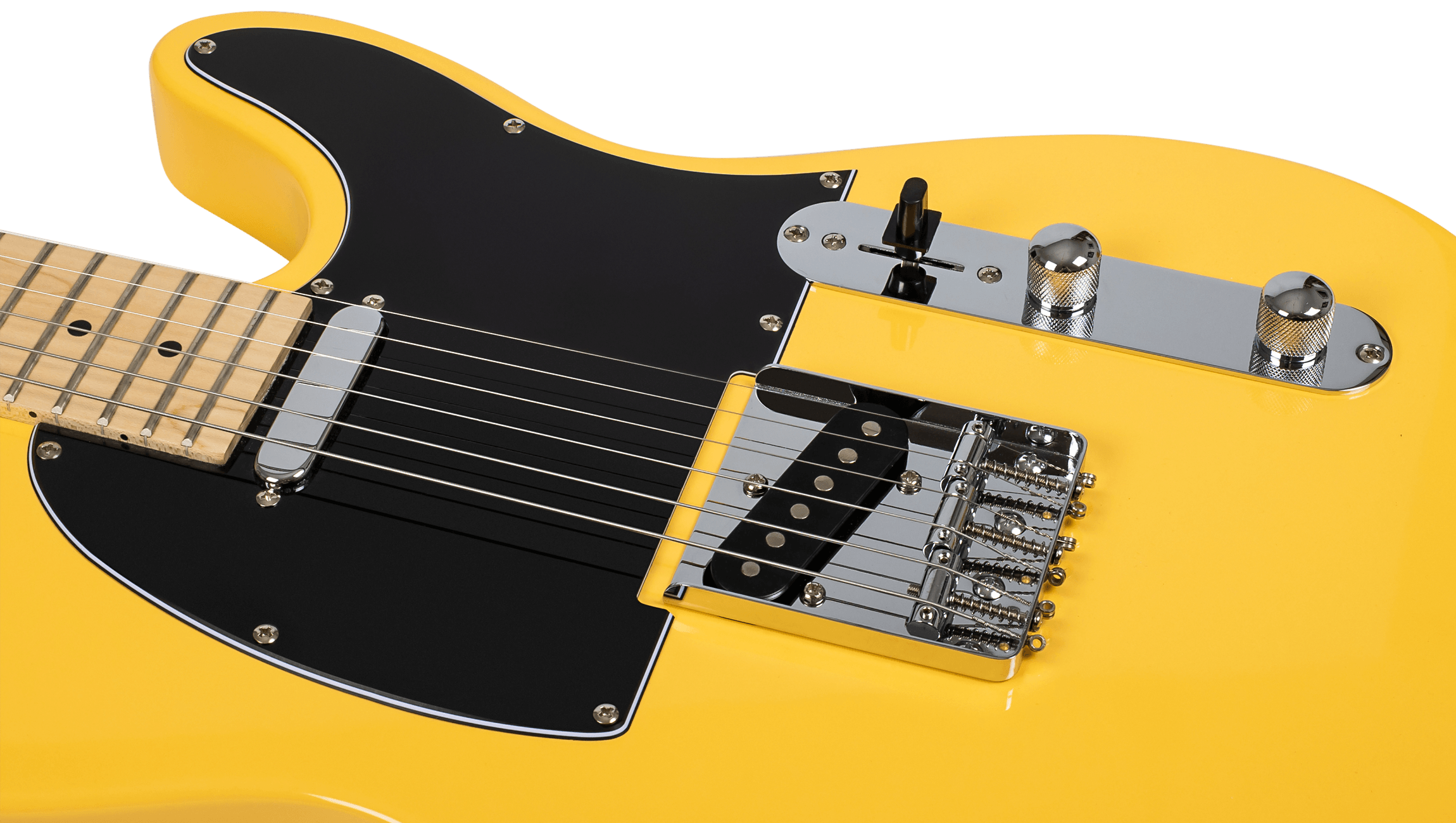 Close-up of the dual single-coil pickups and black pickguard on a Butterscotch Voltera VT-300 BTS.