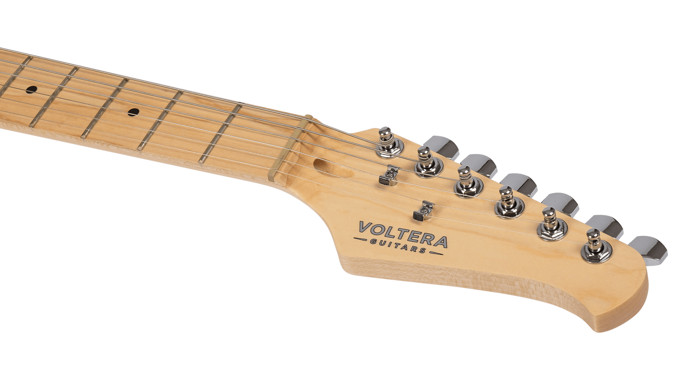 Close-up of the Voltera VT-300 BTS headstock with "Voltera Guitars" branding and a natural maple fretboard.