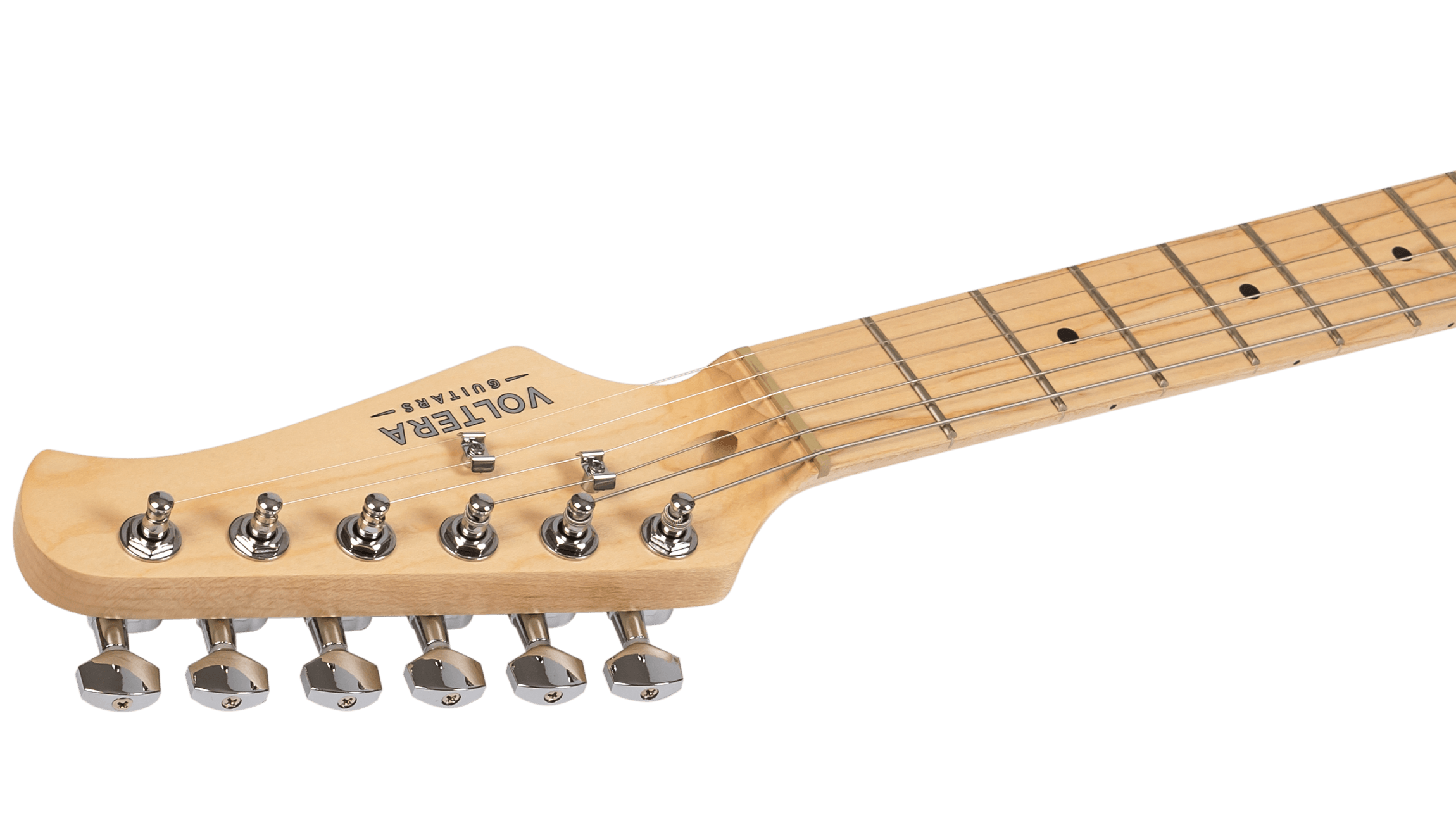 Side profile of the Voltera VT-300 BTS headstock showing chrome die-cast tuning machines and maple neck.