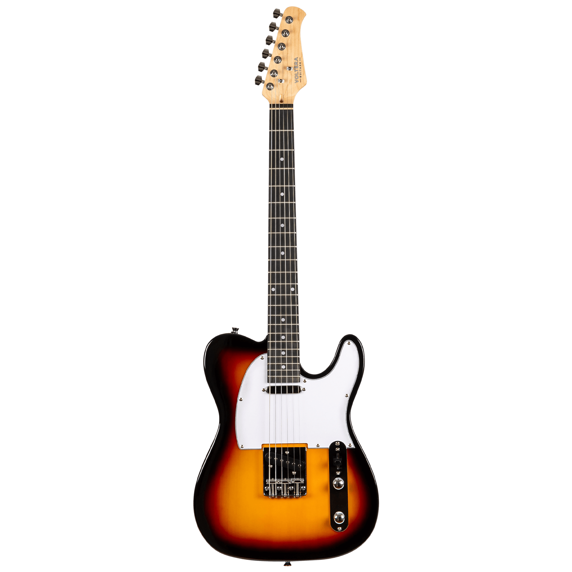 Voltera VT-300 SB Sunburst T-style electric guitar front view with two single-coil pickups and chrome bridge.