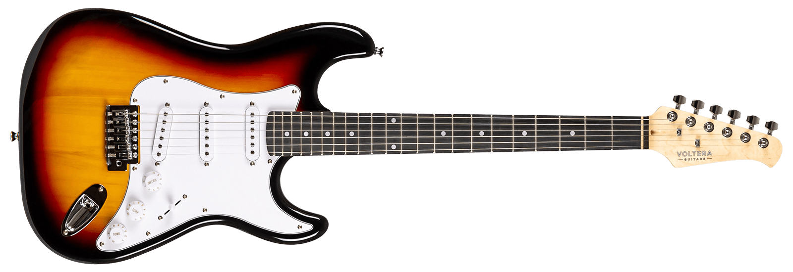 Voltera VS-300 SB Sunburst electric guitar front view with white pickguard and SSS configuration.