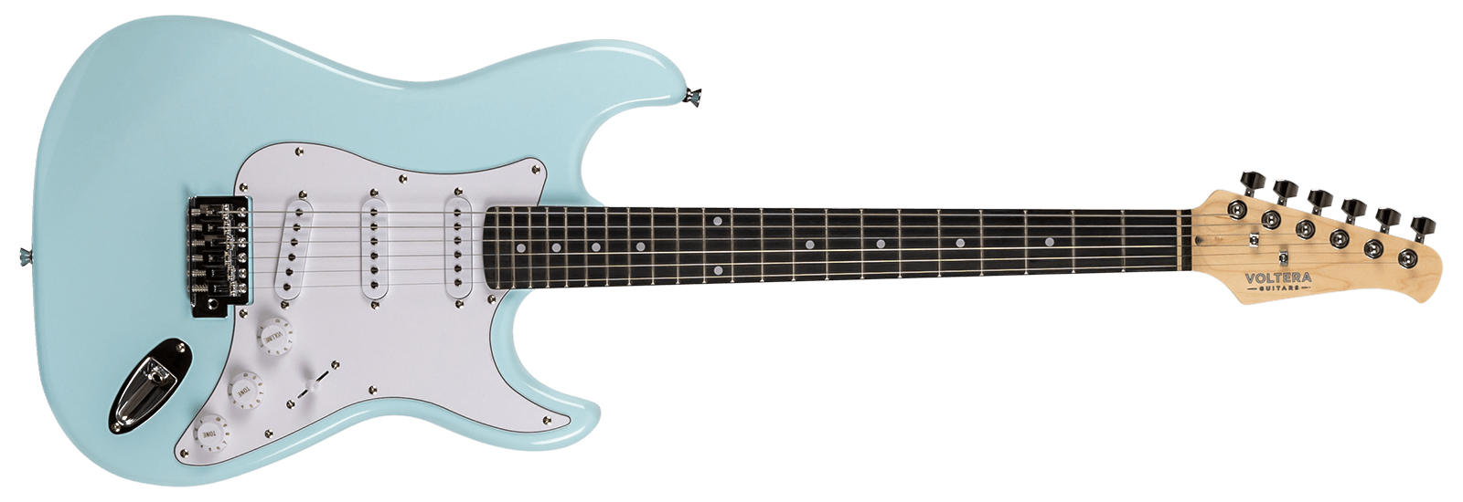 Voltera VS-300 SBL Sonic Blue electric guitar with vintage-style white pickguard and SSS pickups.