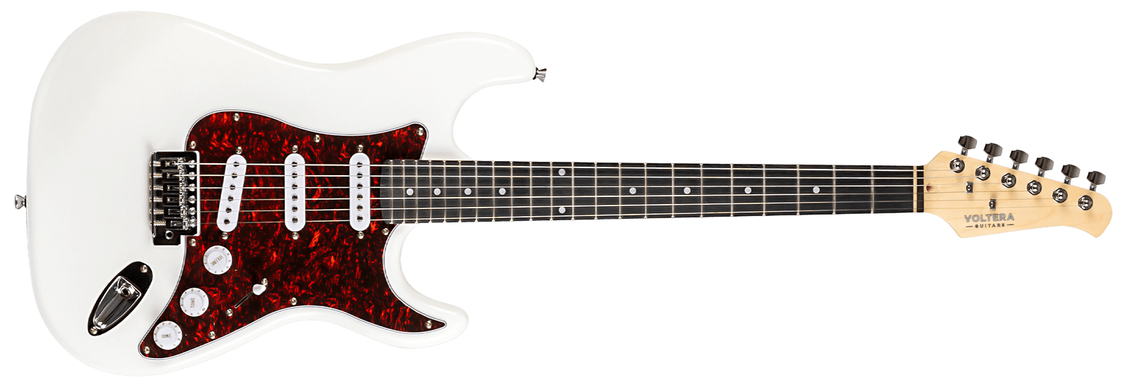 Voltera VS-300 WH White electric guitar with tortoiseshell pickguard and three single-coil pickups.