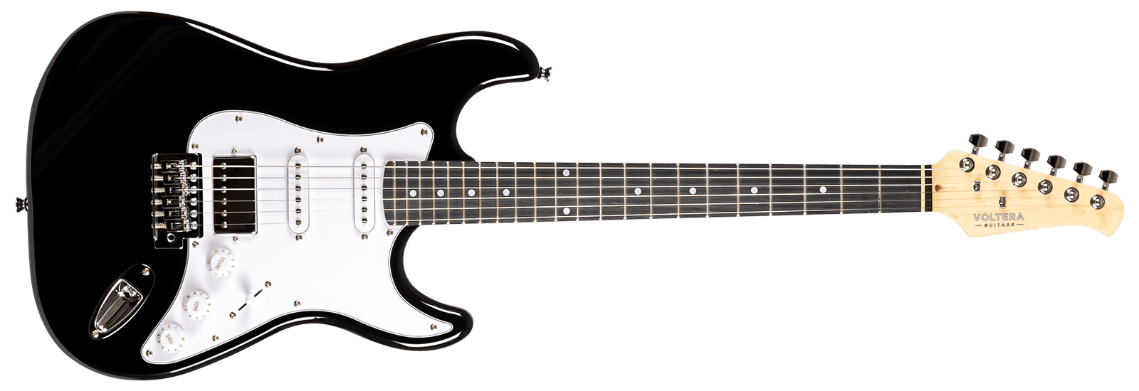 Voltera VS-400 BK Black electric guitar with HSS pickup configuration and white pickguard.
