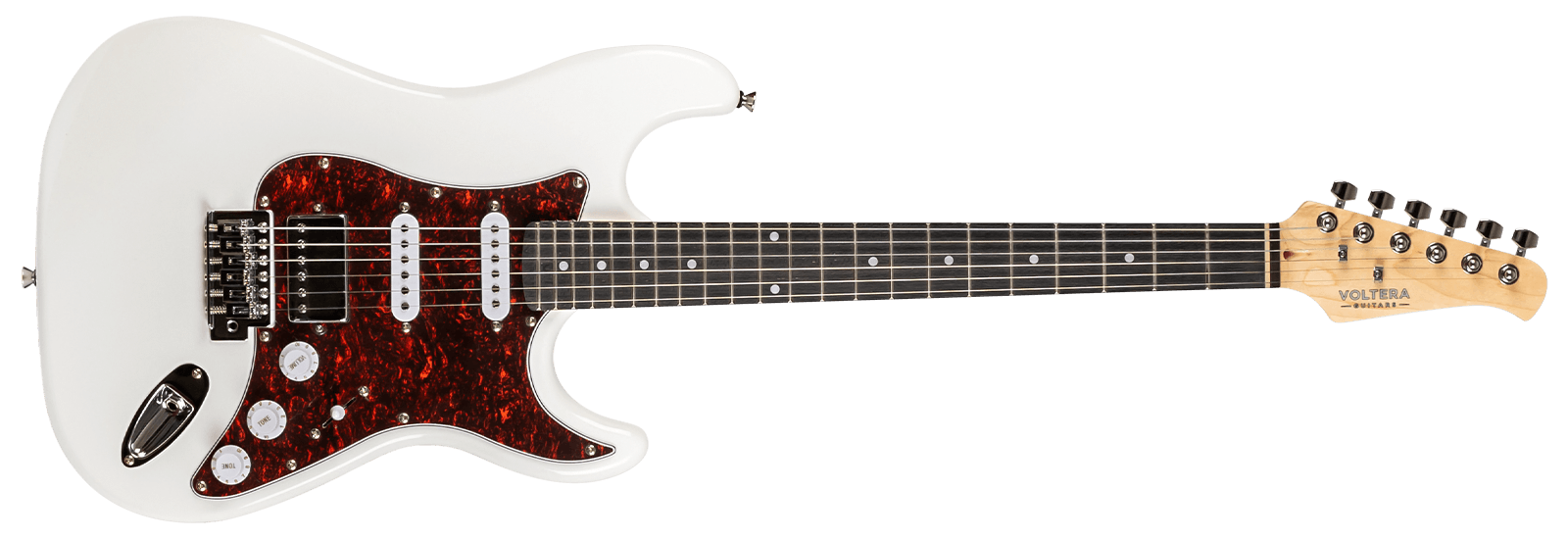 Voltera VS-400 WH White electric guitar with HSS pickup configuration and tortoiseshell pickguard.